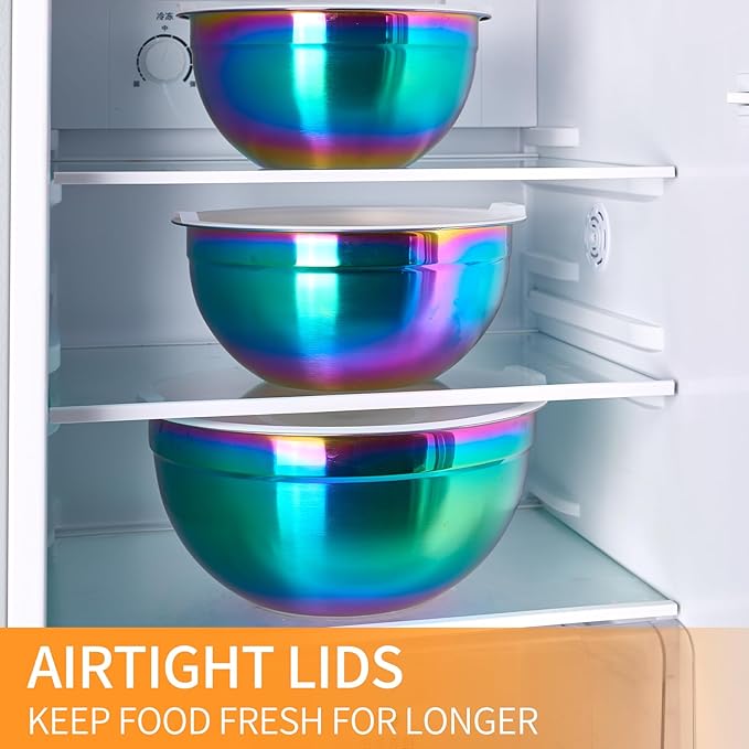 Colorul Mixing Bowls with Airtight Lids, Stainless Steel Nesting Mixing Bowls Set of 5, Ideal for Baking, Prepping and Serving Food, Size 5.5, 3.6, 2.7, 2.1, 1.5, QT, Stackable Design