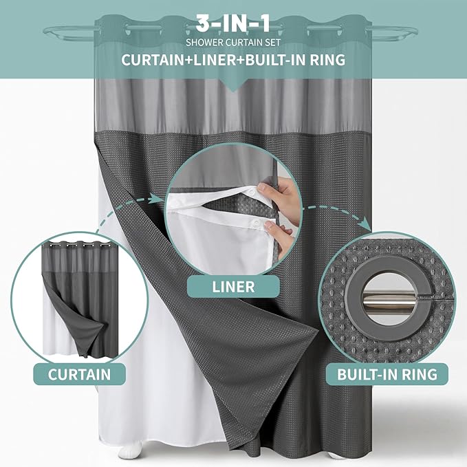 Charcoal Grey No Hook Waffle Weave Shower Curtain with snap-in Liner Replacement, 230GSM Waterproof Fabric Hotel Shower Curtain Set for Bathroom, Through Mesh Top Window,71Wx74H