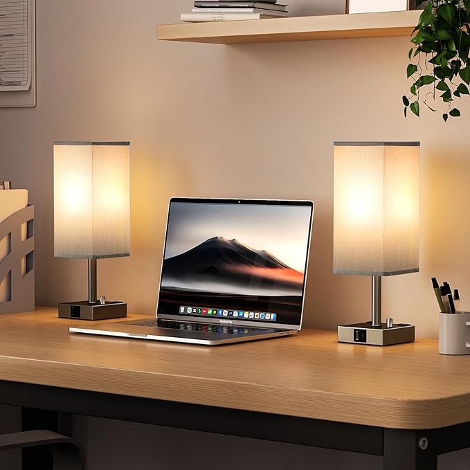 Grey Fully Dimmable Nightstand Lamps Set of 2 - Table Bedside Lamp with USB C+A Charging Ports & 2 AC Outlets, Square Lamp Sets Linen Fabric Shade for Bedroom Living Room(Bulb Included)