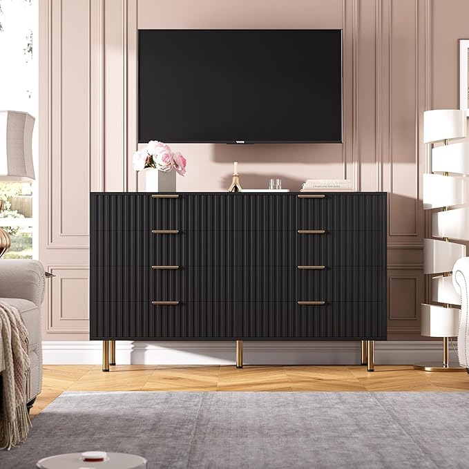 8 Drawer Dresser for Bedroom, Fluted 55" Wide Modern Chest of Drawers with Deep Drawers, Wooden Dresser Organizer for Living Room, Hallway, Kids Room, Black
