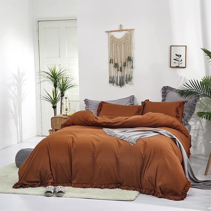 Luxlovery Pumpkin Color Ruffle Comforter Set Queen Farmhouse Rust Bedding Comforter Set Full Shabby Chic Solid Terracotta Blanket Quilts Vintage Bedding Set Women Men Adults