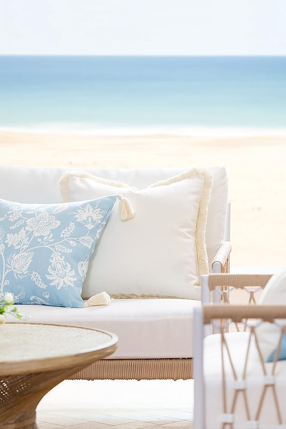 Hofdeco Premium Coastal Hampton Style Patio Indoor Outdoor Throw Pillow Cover Only, 18"x18" Water Resistant for Backyard, Couch, Baby Blue Floral Tassel