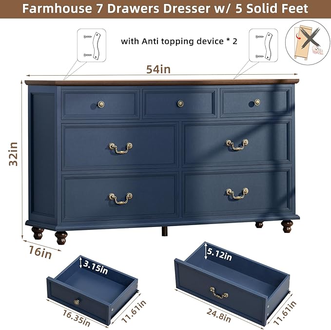 Farmhouse 54" 7 Drawers Dresser for Bedroom, Wide Chest of Drawers w/ 4 Wooden Legs, Vintage Rustic Large Closet Storage Dressers Organizer for Hallway, Wood TV Stand for Living Room, Blue