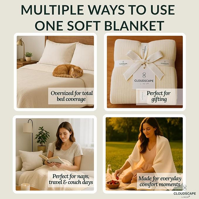 Extra Large 4 Layer Muslin Throw Blanket, 100% Cotton Blanket for Couch, Bed,Sofa, Home Decor,Pre-Washed Gauze, Best Summer Blanket, 50x70, Ivory