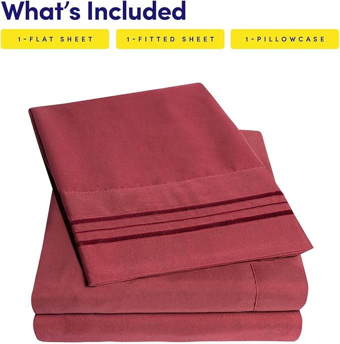 Sweet Home Collection Sheet Set, Microfiber, Burgundy, Twin XL - 3 Piece, Deep Pocket, Wrinkle & Fade Resistant
