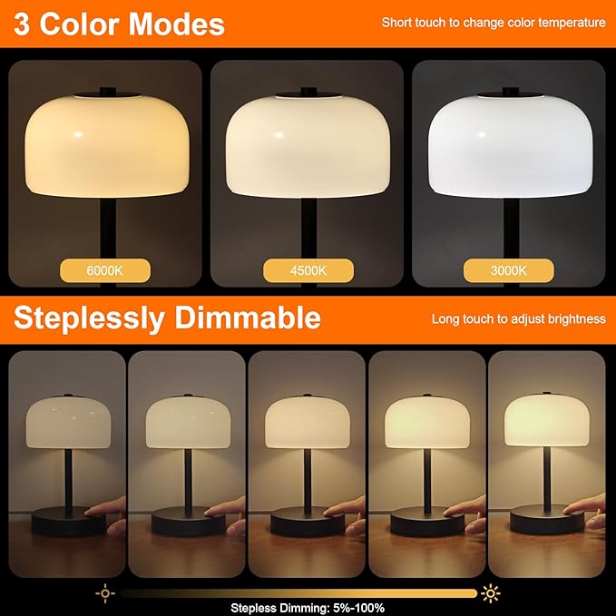 PORTRES RGB Cordless Touch Table Lamp with 3 Color Temperatures 7 RGB Colors Rechargeable Battery lamp with Pickup Rhythm Light Glass Lamp Shade for Bedroom Outdoor Patio Restaurant Camping Black