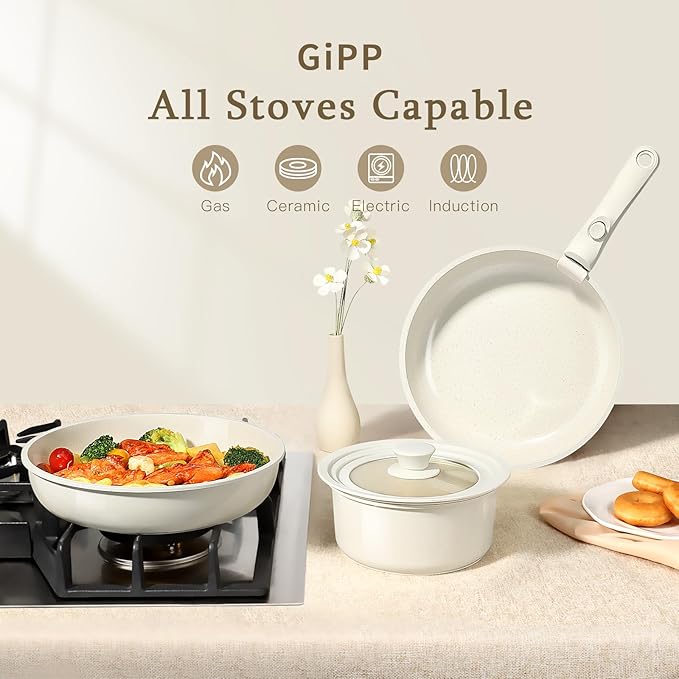 GiPP Ceramic Pots and Pans Set Non Stick, Nonstick Detachable Handle Cookware Sets, Healthy Non Toxic PFAS PFOA & PTFE Free, Dishwasher ＆Oven Safe, Induction Kitchen Pot and Pan, 15 Piece Cream