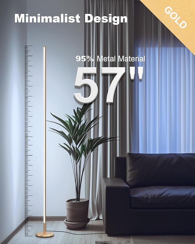 TACAHE Minimalist Corner Floor Lamp - 2700K-6500K Dimmable LED Night Light - Modern Standing Mood Lamp with Remote Control for Living Room, Bedroom - 57" 12W - Gold - 1Pack