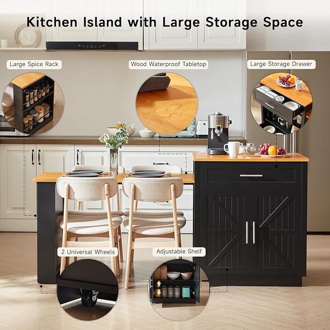 76" Kitchen Islands with Extendable Dining Table, 2-6 Island Table for Kitchen, Mobile Kitchen Table with Double-Side Storage, Kitchen Island on Wheels with Power Outlet & Spice Rack, Black