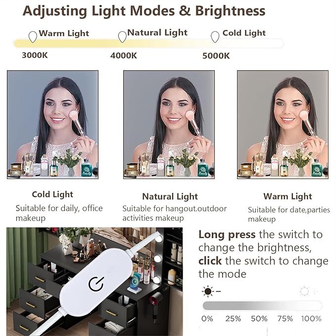 Black Makeup Vanity Desk with Lighted Mirror & Power Outlet,3 Color Modes, Brightness Adjustable,Vanity Table with Drawer,Sliding 2 Storage Wall-Mounted Jewelry,4 Shelves for Bedroom