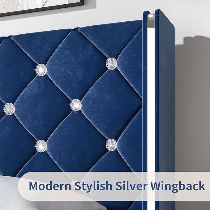 HOMBCK King Size Bed Frame with Headboard, Upholstered Bed with Diamond Tufted Design Design, Modern King Size Bed with Wingback, No Box Spring Needed, Easy Assembly, Blue