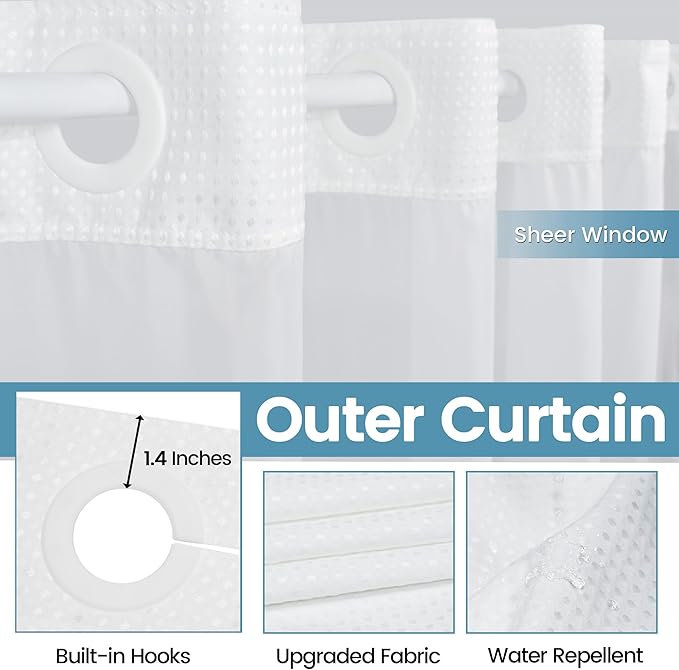 Stall No Hook Shower Curtain with Snap in Liner,230GSM Waffle Weave Shower Curtains for Bathroom,36W x 74H,White