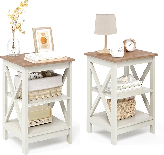 GREEN PARTY End Tables Living Room Set of 2,Side Tables with 3-Tier Storage Shelf, Small Nightstand for Bedroom, Wooden Frame,Small Coffee Table,White