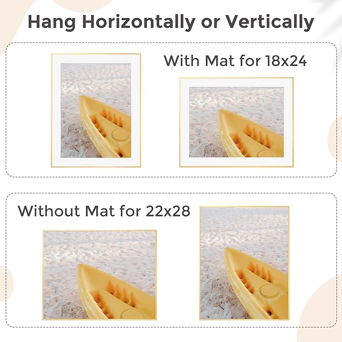 22x28 Metal Picture Frame For Wall With Mat For 18x24, 22''x28'' Aluminum Photo Frames With Tempered Glass For Home Decor, Minimalist Modern Poster Frame Horizontal And Vertical Formats, Gold