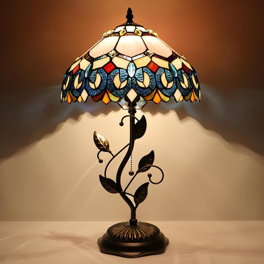 Tiffany Table Lamp, Pink Stained Glass Desk Light, W12H19 Inch, Metal Leaf Base (Pink Baroque Style)