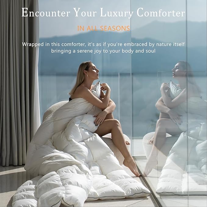 Luxury White Down Fiber Comforter Oversized King Size - Down Fiber Duvet Core for All Seasons - Hotel Collection Medium Warmth Duvet Insert - Fluffy and Cozy (120 X 98”)