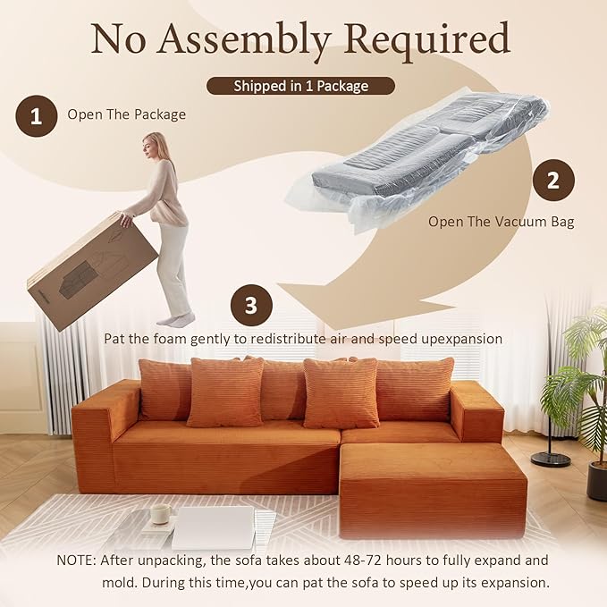 INGEROOM 108" Cloud Sectional Couch with L-Shape Chaise, Modular Sofa Memory Foam, Boneless Sofa with Movable Ottoman, Upholstered Couches for Living Room Bedroom, No Assembly Required, Orange