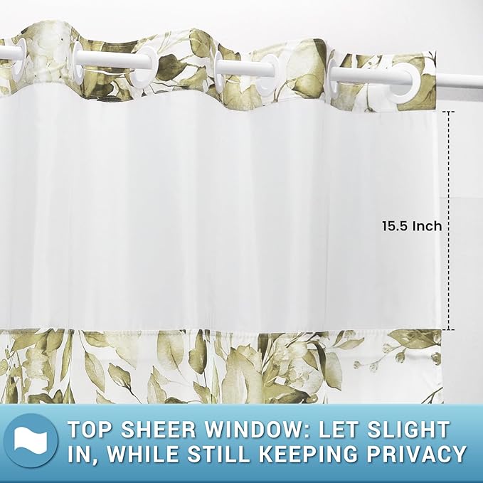 No Hook Shower Curtain with Snap in Liner - Eucalyptus Shower Curtain - Washable Waterproof Inner Liner, Plants Beige Leaves Modern Shower Curtains - Machine Washable, 71 x 74