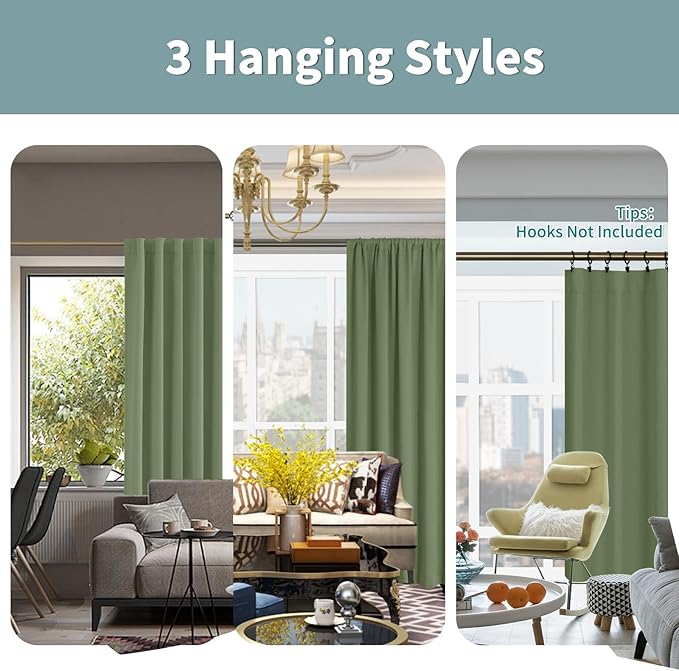 BGment Grass Green 100% Blackout Curtains 63 Inch Length with Reducing Noise Liner, Rod Pocket and Back Tab Double Layer Full Room Darkening Window Curtain for Bedroom, 2 Panels, Each 42 x 63 Inch