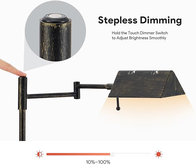 VONLUCE Dimmable LED Floor Lamp, 56" Floor Lamp for Living Room with Adjustable Height Swing Arms 3 Color Temperatures, Industrial Standing Pole Lamp for Bedroom Reading, Rustic Black