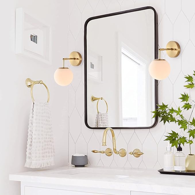 Modern Wall Sconce Industrial Mid Century Bathroom Vanity Wall Light with White Globe Glass Lampshade Brushed Brass Finished Lighting Fixture (Gold Color)