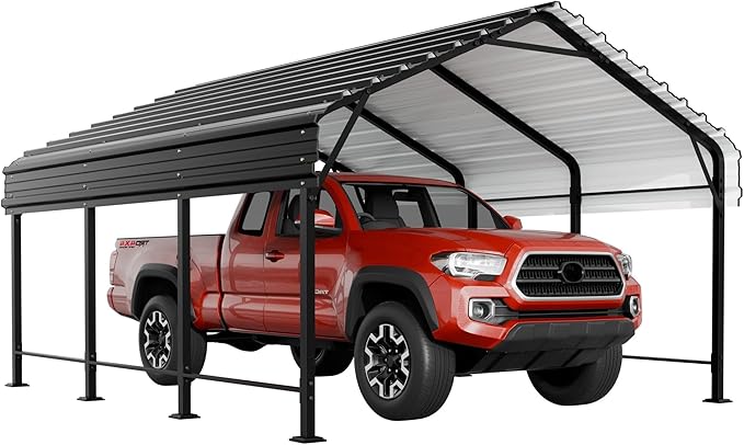 JY QAQA 12 x 15 FT Metal Carport Kits with Galvanized Steel Roof, Heavy Duty Metal Carport Canopy, Outdoor Car Tent Garage Shelter for Car, SUV, Truck and Boats