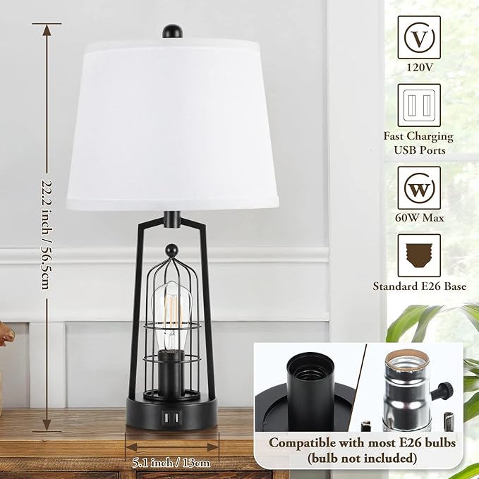 Farmhouse Table Lamps with 2 USB Ports, Set of 2 Rustic Industrial Desk Lamp for Living Room, 2-Light Black Bedside Lamp, Bedroom Nightstand Lamp with White Lampshade for House Decor, Reading