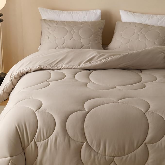 Luxlovery Mocha Coffee Comforter Set King Khaki Sunflower Quilts Boho Beige Coffee Bedding Comforter Set Boho Farmhouse Soft Breathable Comforter 3PCS Bed Set