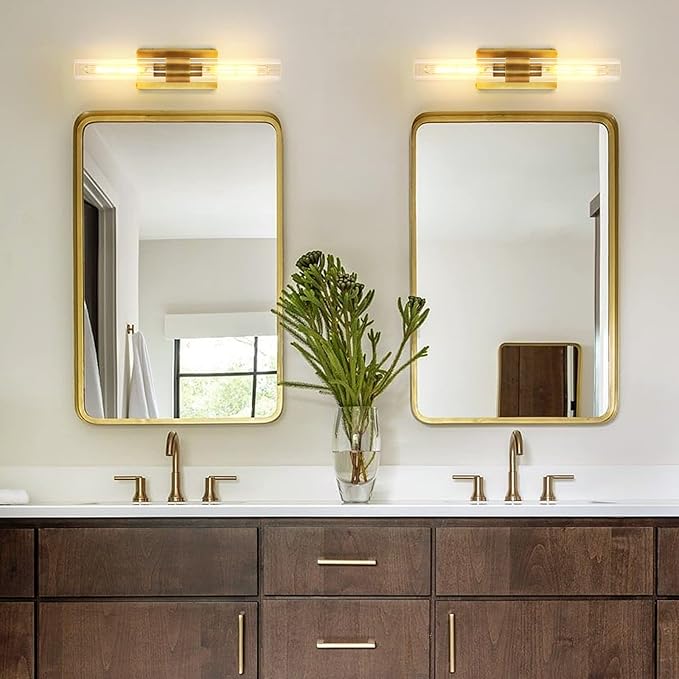 Brass Bathroom Vanity Wall Sconces, 2-Light Glass Tube Wall Sconces, 24 Inch Horizontal or Vertical Linear Wall Sconces,Gold Vanity Light, Indoor Wall Sconces, E26 Bulb Included