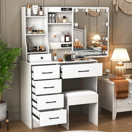 Vanity Desk with Sliding Mirror and Lights, Makeup Vanity Table Set with Chair and 6 Drawers, Small White Makeup Vanity with HD Mirror, 3 Lighting Modes Makeup Desk for Bedroom Women