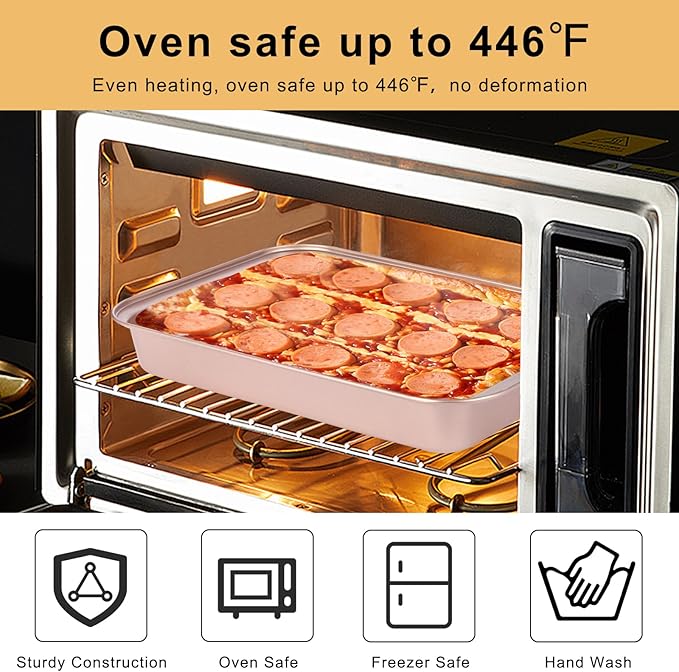 9x13 Baking Pan, Rectangle Cake Pan Nonstick, Bakeware Baking Pans for Oven, Easy Clean, Carbon Steel Cake Pan for Lasagna Brownies Casseroles Cakes Pan, Rose Gold