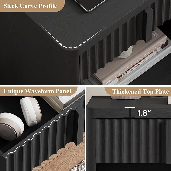 Fluted Nightstand Set of 2 with Charging Station, 23.6" Wood End Table with Solid Wood Handle, Curved Profile Design, Mid Century Moden Bedside Table for Bedroom, Living Room, Black
