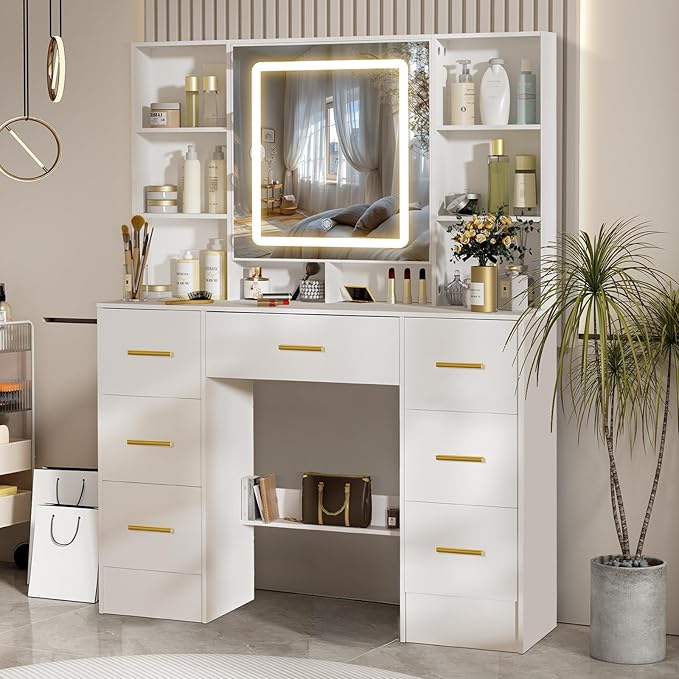 Vanity Desk with Mirror and 3 Color LED Light, Large Tabletop 7 Drawers, 8 Open Storage Shelves, 2 Hiding Shelves Makeup Table, Vanity Dressing Table for Girls and Women,100 * 40 * 140cm