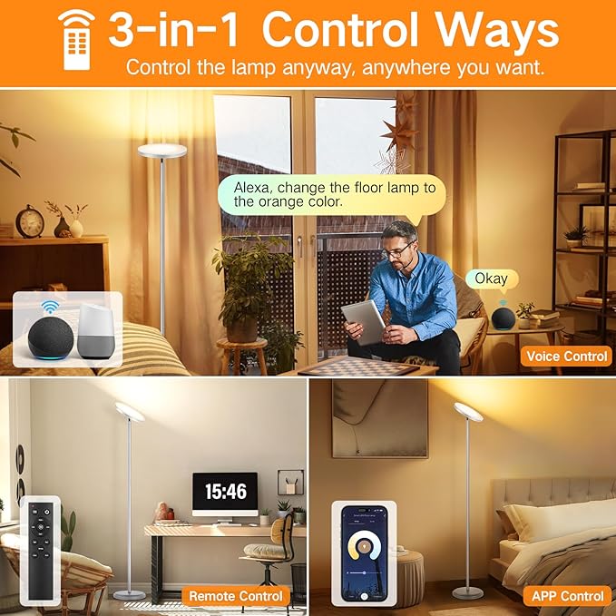 OUTON Smart LED Floor Lamp, 30W/3000LM Dimmable Bright Torchiere Sky Lamp Compatible with Alexa Google Home, WiFi Remote, Tall Standing Lamp with 4 Color Temperature for Living Room Bedroom Office