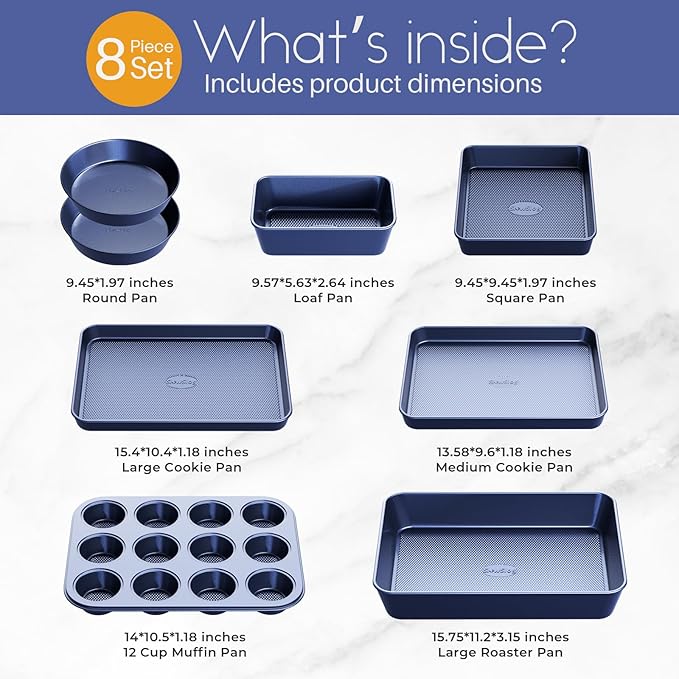 Baking Pans Set 8-Piece Bakeware Sets, Baking Sets for Cooking Nonstick Oven Pan Set, Baking Sheet Set, Cookie Sheets for Baking, Muffin Pan, Ceramic Coated Blue