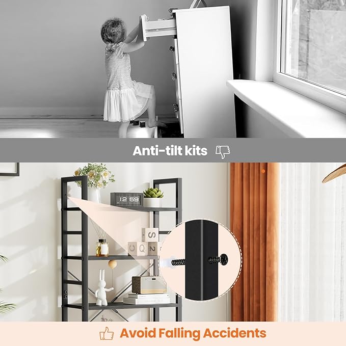 Sweetcrispy Book Shelf, 5 Tier Bookcase, Modern Tall Bookshelf for Garage Kit, CDs, Movies, Industrial Corner Storage Organizer for Bedroom Home Office Kitchen Living Room, Black