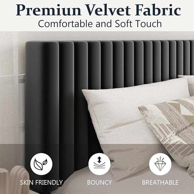 Full Size Platform Bed Frame with Velvet Upholstered Headboard, Full Bed Frame with Strong Wood Slats, Mattress Foundation, Box Spring Optional, Easy Assembly, Black