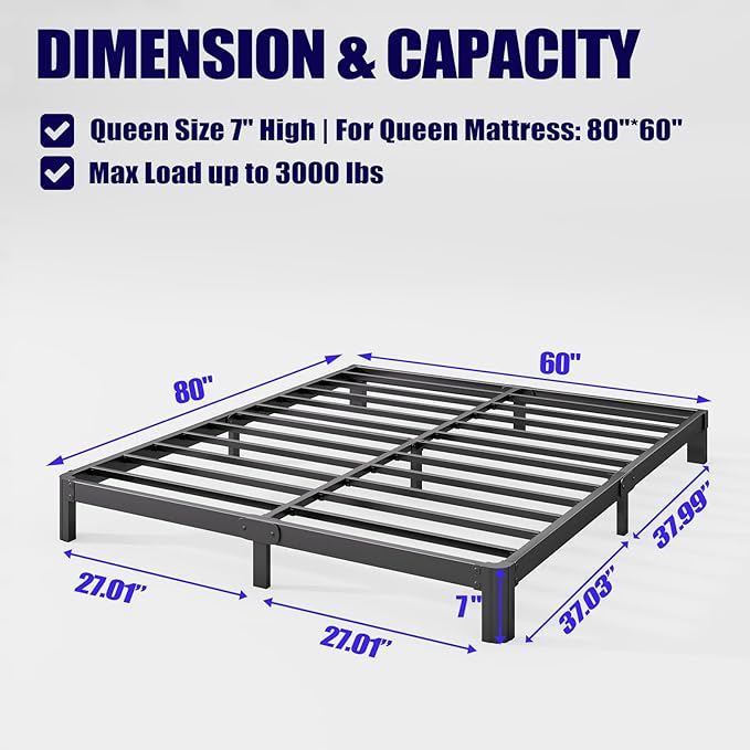 7in High Queen Bed Frame No Box Spring Needed, Heavy Duty Metal Platform Bed Frame Queen Size with Round Corners, Easy Assembly, Noise Free, Black