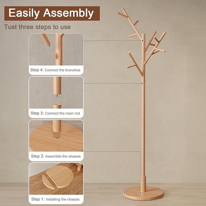 Coat Rack,Solid Wood Coat Rack Freestanding with 12 Hooks,Coat tree freestanding 3 Adjustable Heights for coat, Hats, Handbags，Coat Stand for Entryway,Bedroom (Natural)