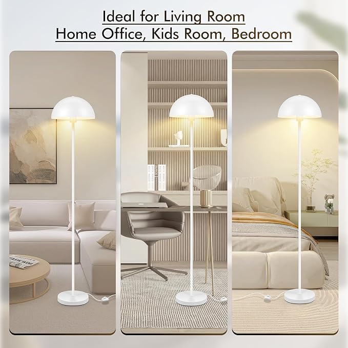 Floor Lamp, Industrial White Floor Lamps for Living Room, 65.6in Standing Lamp, Retro Mushroom Dome Shade, Whole Metal, E26 Socket, Mid Century Modern Floor Lamp for Bedroom/Office,No Bulb