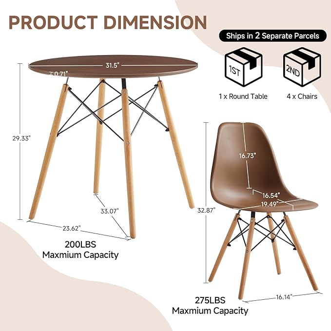 Round Dining Table Set for 4 31.5" Wood Dinner Table Circle Dining Table Kitchen Table Chairs Set of 4 with Wood Strip Base for Kitchen Living Room Space Saving Apartment(Brown)