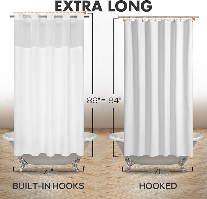 Extra Long No Hook Slub Textured Shower Curtain with Snap-in PEVA Liner Set - 71" x 86"(84"), Hotel Style with See Through Top Window, Fabric Curtain & Waterproof Liner, White, 71x86