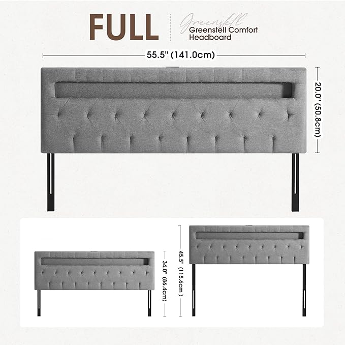GREENSTELL Headboard for Full Size Bed with 60,000 DIY Color of LED Light, USB & Type C Post, Attach Frame, Height Adjustable, Gray Wall Mounted Head Boards Only, Sturdy & Stable, Comfortable, Full
