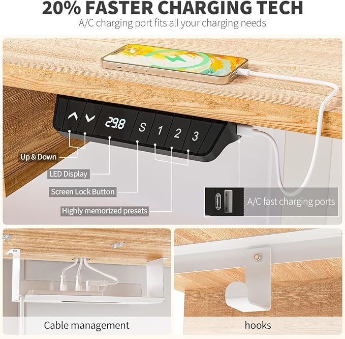 Kingant Standing Desk with Fast Charging USB Ports, 55" x 30" Height Adjustable Home Office & Gaming Desk, Sit Stand Desk with Built-in Storage Shelf, Hook & Ergonomic Design(Maple)