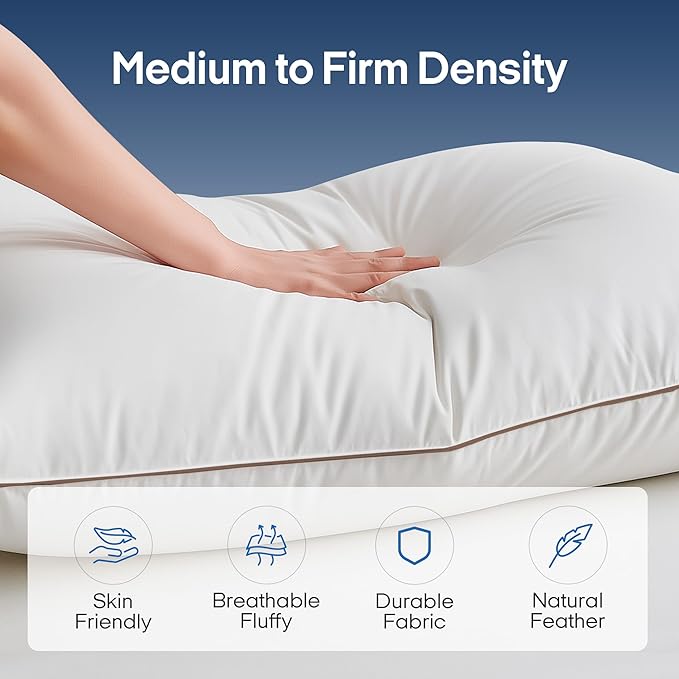 puredown® Goose Feathers and Down Pillows, Premium Medium to Firm Bed Pillows for Sleeping, Luxury Pillows with 100% Cotton Cover, 2 Pack, Queen Size, 20x30 Inches