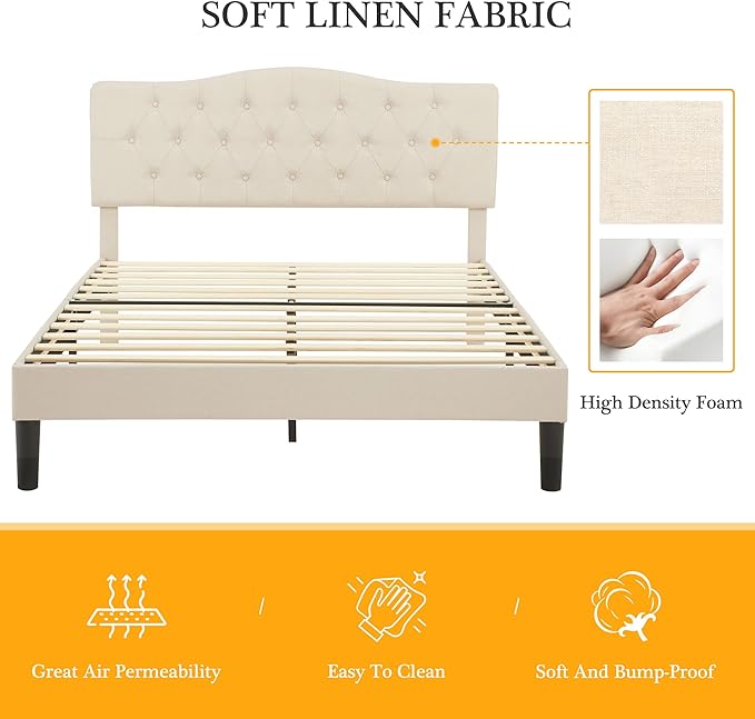 VECELO Queen Size Platform Bed Frame with Fabric Upholstered Headboard and Wooden Slats Support, No Box Spring Needed/Easy Assembly,Beige