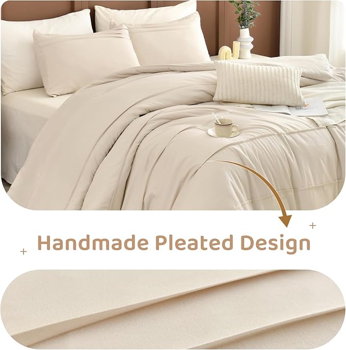 Sanracie Cotton Comforters Queen Size(90"x 95"),Pinch Pleated Wheat Colored Super Soft Lightweight Bedding Set 3Pcs Breathable Comforter Sets for All Season