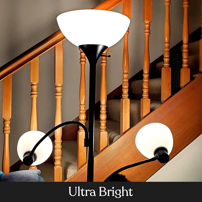 Brightech Sky Dome Double LED Floor lamp, Torchiere Super Bright Floor Lamp with 2 Reading Lamps for Living Rooms & Offices - Dimmable Tall Standing Lamp for Bedroom Reading - Tall Black Pole