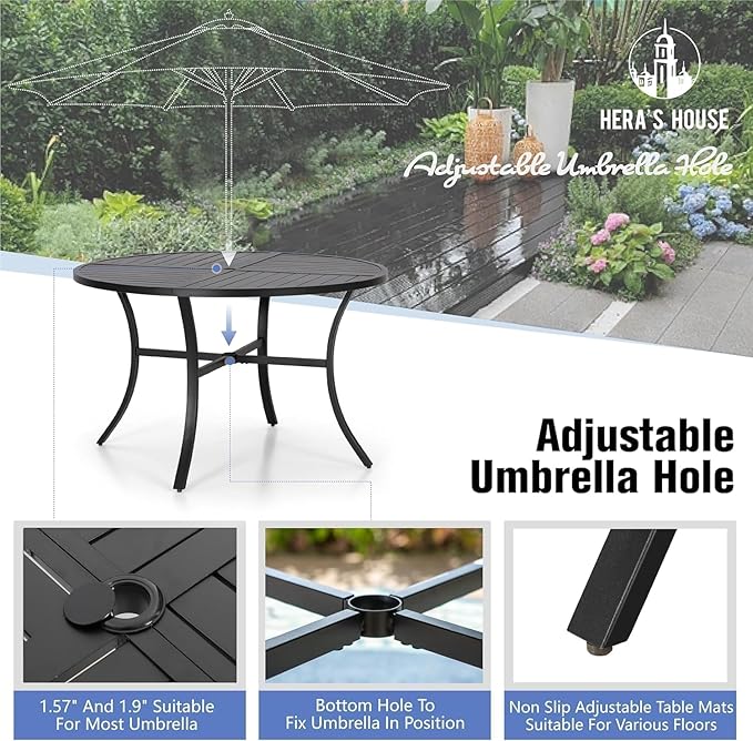 HERA'S HOUSE 5 Pieces Patio Table and Chairs Set of 4, 4 x Swivel Chairs with 3.1" Cushions and 42" Round Dining Table with Umbrella Hole, Outdoor Dining Set for Lawn Garden Backyard Porch