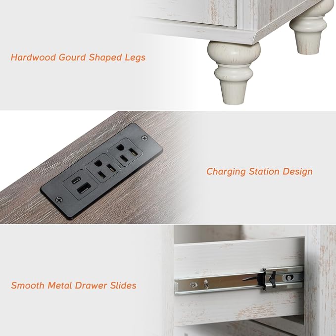 WAMPAT Farmhouse TV Stand for 100 Inch TV, 4-in-1 TV Console Table for 75/80/85/90 Inch TV, Entertainment Center with Charging Station, Kitchen Sideboard Buffet Cabinet for Dining Room, Rustic White